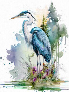 8x10 Great Blue Heron Watercolor Oil Painting Art Print